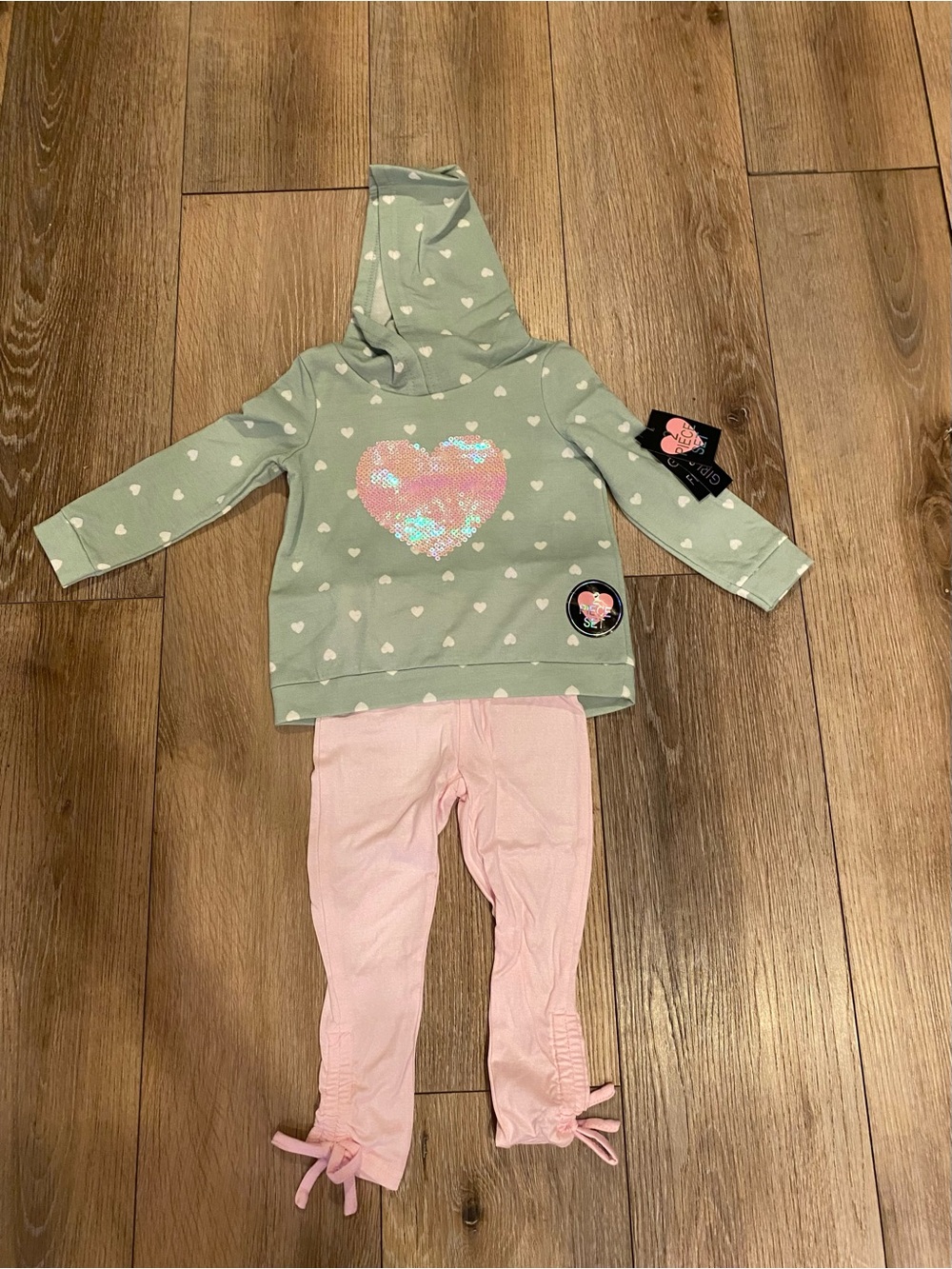 Girls First Toddler 2T Sage Green Sequin Heart Hoodie & Pink Jogger Set NWT